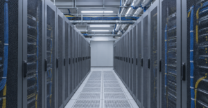 Illustration of a raised-floor data center aisle with perforated tiles between rows of server racks