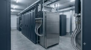 Illustration of a coolant distribution unit cabinet with flexible hoses in a server hall