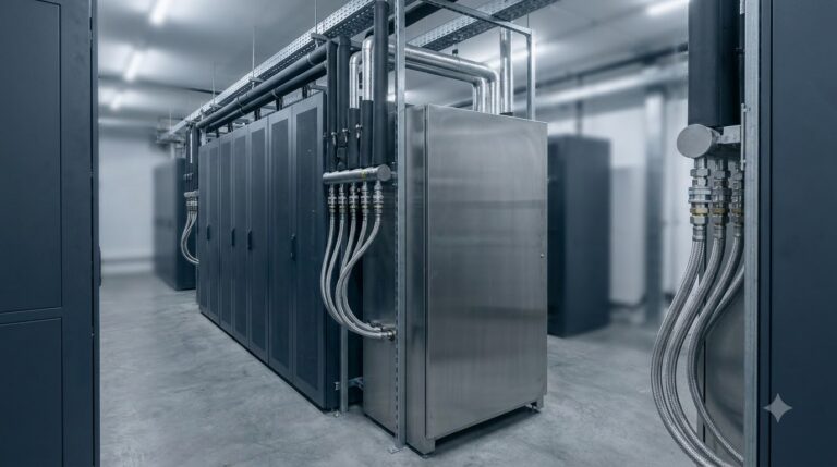 Illustration of a coolant distribution unit cabinet with flexible hoses in a server hall