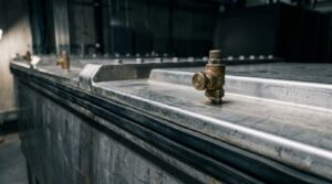 How Single Phase and Two Phase Immersion Cooling Differ in Operation - Data Center Technology Lab Illustration of the lid of an immersion cooling tank with a brass fitting in a data center