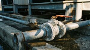 Illustration of a corroded blowdown valve on a cooling tower water pipe