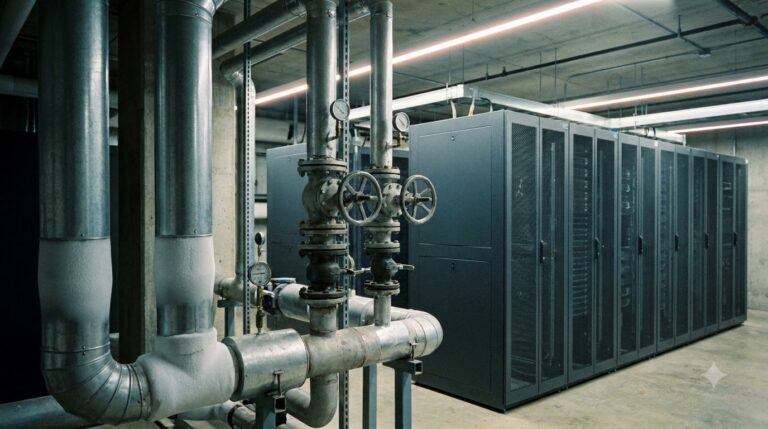 Illustration of a mechanical room with valved steel pipes beside a row of server cabinets