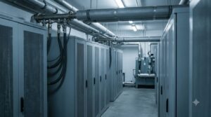Illustration of server cabinets fed by hoses from an overhead pipe, with cooling equipment at the far end