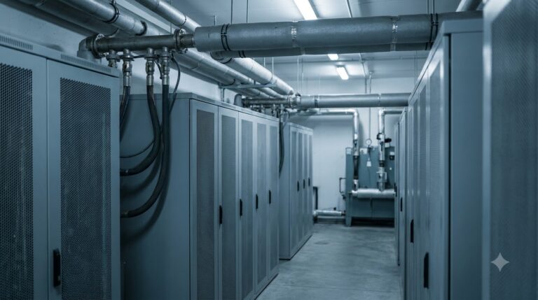 Illustration of server cabinets fed by hoses from an overhead pipe, with cooling equipment at the far end