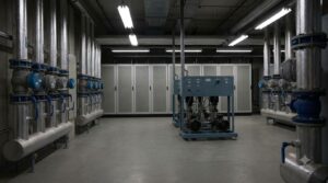 Rack Power Density Trend: 8 kW Average to 132 kW GB200 Racks - Data Center Technology Lab Illustration of a plant room with pipe headers, blue valves and a pump skid in front of cabinets