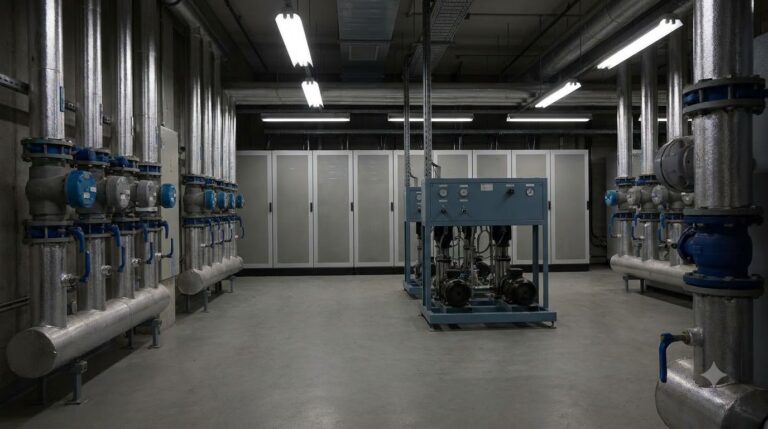 Rack Power Density Trend: 8 kW Average to 132 kW GB200 Racks - Data Center Technology Lab Illustration of a plant room with pipe headers, blue valves and a pump skid in front of cabinets