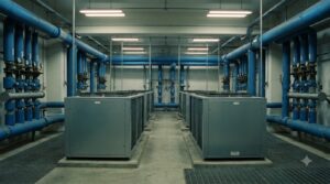 Single Phase vs Two Phase DLC and What Latent Heat Buys - Data Center Technology Lab Illustration of a mechanical room with blue chilled water pipes, valves and cooling units