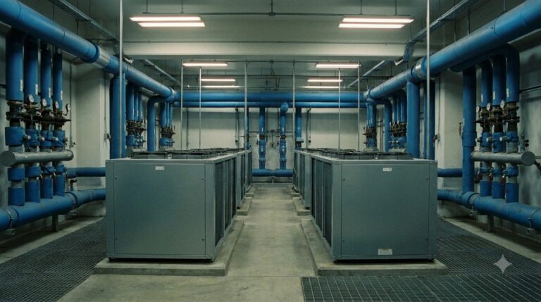 Single Phase vs Two Phase DLC and What Latent Heat Buys - Data Center Technology Lab Illustration of a mechanical room with blue chilled water pipes, valves and cooling units