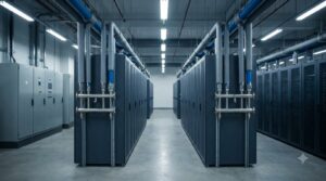 Illustration of a server hall with rack rows and vertical liquid cooling pipes at each row end
