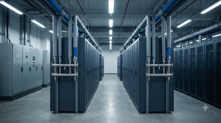 Illustration of a server hall with rack rows and vertical liquid cooling pipes at each row end