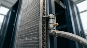 Rear Door Heat Exchanger Capacity Is Capped by Rack Airflow - Data Center Technology Lab Illustration of a rear door heat exchanger coil on a server rack with a braided coolant hose connection