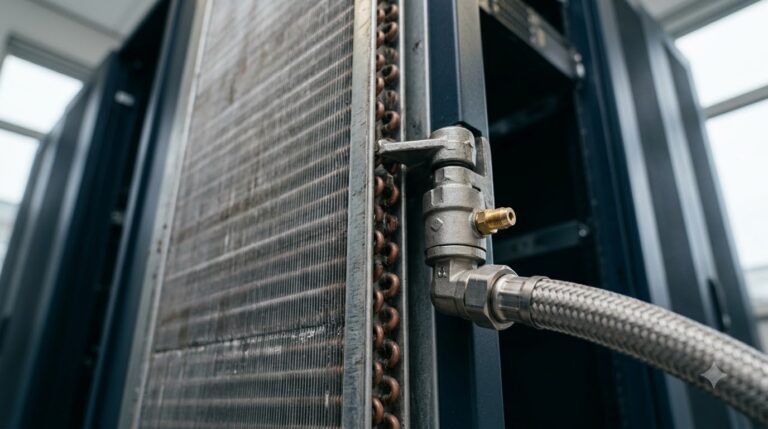 Rear Door Heat Exchanger Capacity Is Capped by Rack Airflow - Data Center Technology Lab Illustration of a rear door heat exchanger coil on a server rack with a braided coolant hose connection