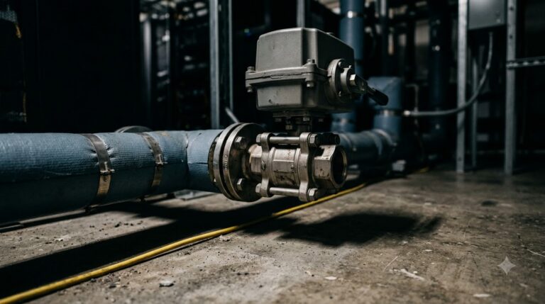 Leak Detection in Liquid Cooling Ends Where Valves Begin - Data Center Technology Lab Illustration of a motorized shutoff valve on an insulated coolant pipe in a data center plant room
