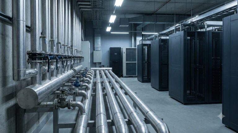 Illustration of parallel insulated coolant pipes running past rows of server racks