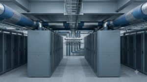 Illustration of a cold aisle between server cabinets with large chilled water ducts overhead