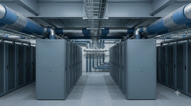 Retrofit Liquid Cooling Without Rebuilding the Data Center - Data Center Technology Lab Illustration of a cold aisle between server cabinets with large chilled water ducts overhead
