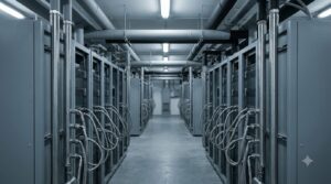 Cold Plate Thermal Resistance and the 28 K Temperature Gap - Data Center Technology Lab Illustration of a server aisle with liquid cooling hoses looping into the rack fronts