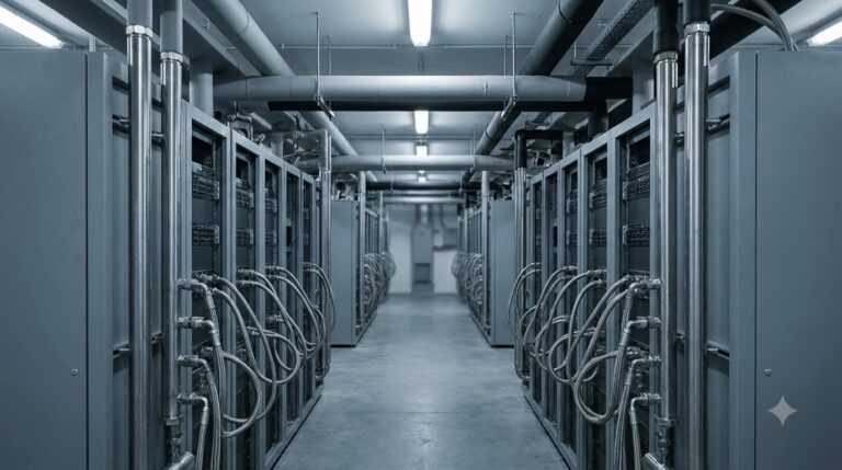 Cold Plate Thermal Resistance and the 28 K Temperature Gap - Data Center Technology Lab Illustration of a server aisle with liquid cooling hoses looping into the rack fronts
