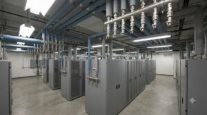 Direct Liquid Cooling Cold Plate Path to Facility Water - Data Center Technology Lab Illustration of overhead coolant headers with drop pipes feeding rows of server cabinets