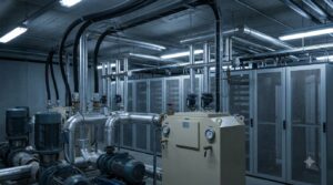 Liquid Cooling Adoption Barriers Still Slow Down Rollouts - Data Center Technology Lab Illustration of pumps, piping and a control cabinet next to server racks in a data center