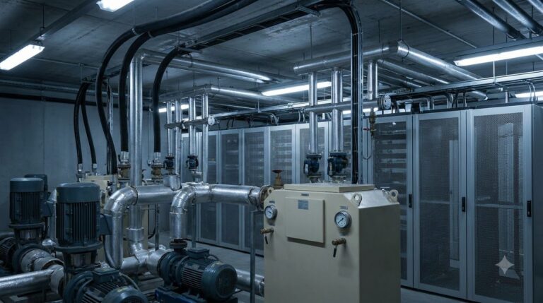 Illustration of pumps, piping and a control cabinet next to server racks in a data center