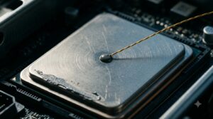 Illustration of a thermocouple wire touching the metal lid of a processor on a server board