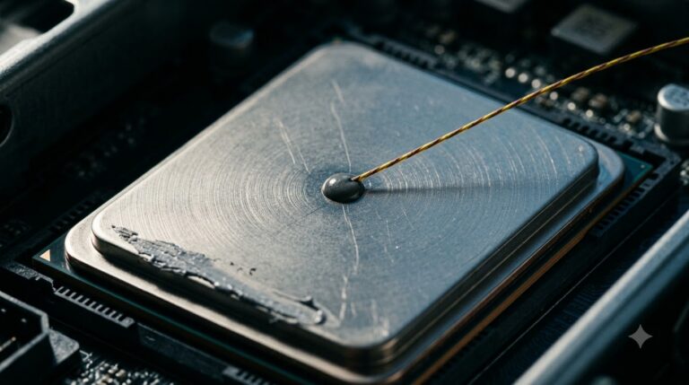 Illustration of a thermocouple wire touching the metal lid of a processor on a server board