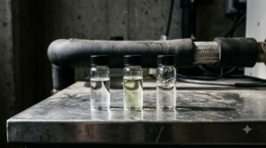 Illustration of three coolant sample vials on a steel bench in front of an insulated pipe