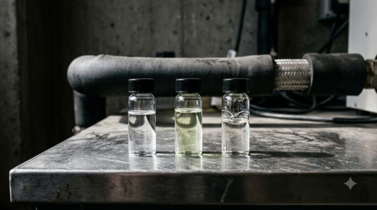 Coolant Types in the Data Center and What Each Sheet Assumes - Data Center Technology Lab Illustration of three coolant sample vials on a steel bench in front of an insulated pipe