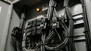 What a PUE 1.05 Facility Saves Over a PUE 1.4 Facility in a Year - Data Center Technology Lab Illustration of current transformers clamped around power cables inside an electrical panel