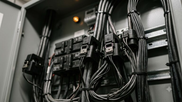 Illustration of current transformers clamped around power cables inside an electrical panel