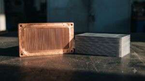 Chip Heat Flux W/cm² Puts the H100 at Air Cooling's Edge - Data Center Technology Lab Copper microchannel cold plate beside a stack of aluminum heat sink fins under raking light