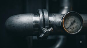 Overhead macro view of a stainless tri-clamp flange and small pressure gauge on a coolant distribution unit pipe in dim light