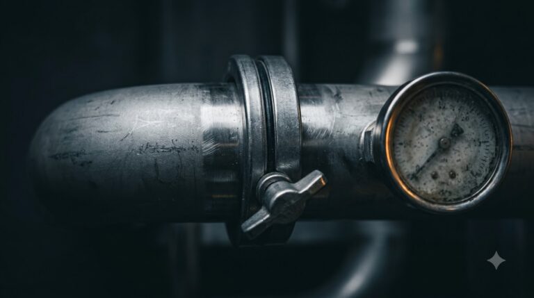 Overhead macro view of a stainless tri-clamp flange and small pressure gauge on a coolant distribution unit pipe in dim light