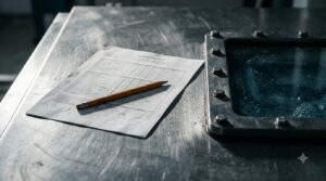Printed equipment data sheet with unreadable text lying on a stainless steel tank lid beside a glass site window, a pencil across one row