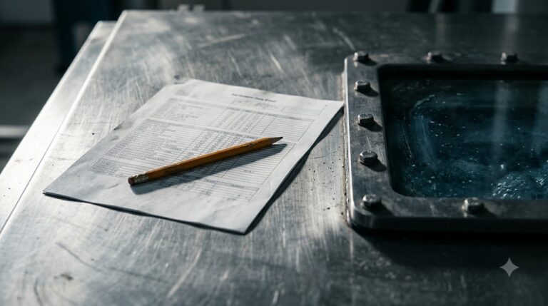 Rack Density by Cooling Type and PUE by Method, Compared - Data Center Technology Lab Printed equipment data sheet with unreadable text lying on a stainless steel tank lid beside a glass site window, a pencil across one row