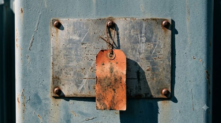 Worn steel nameplate on a utility transformer with illegible rating figures