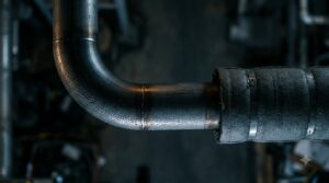 Dew Point Liquid Cooling Sets a Floor 2°C Above the Room - Data Center Technology Lab Overhead close view of a steel chilled water pipe elbow with condensation droplets beaded on its surface