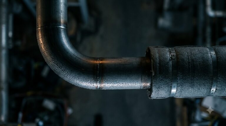 Overhead close view of a steel chilled water pipe elbow with condensation droplets beaded on its surface