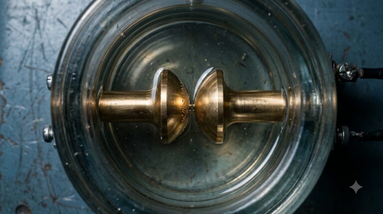 Dielectric Fluid Specs Checked Against OCP Immersion Limits - Data Center Technology Lab Overhead macro of a glass breakdown test cell with two brass electrodes a millimeter apart in clear insulating fluid