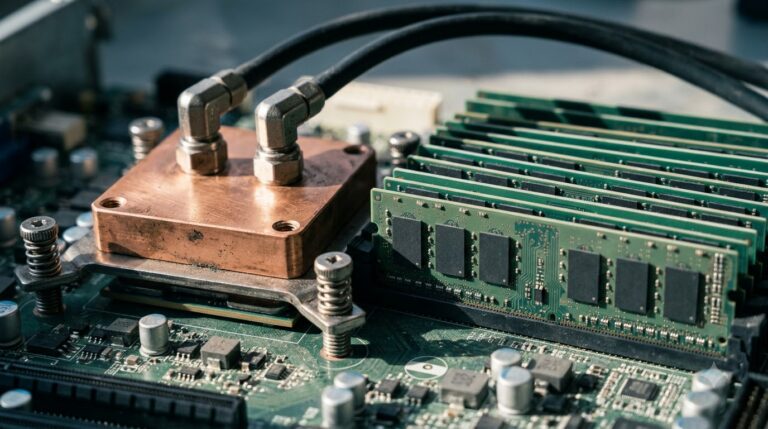 DLC vs Immersion Cooling Is a Boundary Question, Not a Race - Data Center Technology Lab Copper cold plate clamped on a server processor beside a row of uncovered memory modules, lit by hard side light