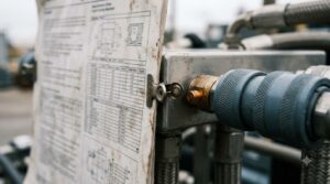 Close low-angle view of a printed GPU specification table clipped to a liquid cooling manifold beside a quick disconnect fitting