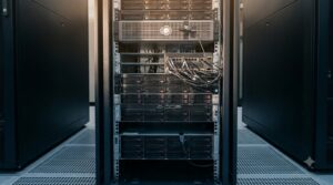 Server rack front with temperature probes at the top and bottom air intakes, the top of the rack lit warmer than the bottom