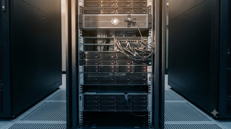 Server rack front with temperature probes at the top and bottom air intakes, the top of the rack lit warmer than the bottom