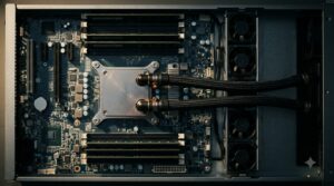 Hybrid Cooling in a Data Center Leaves 20% to 43% on Air - Data Center Technology Lab Overhead macro view of a server with a cold plate and two coolant hoses over the processor, memory and small fans left on air