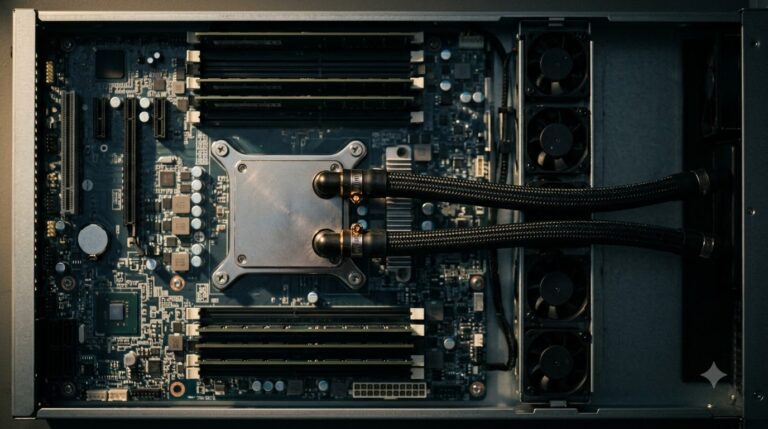 Overhead macro view of a server with a cold plate and two coolant hoses over the processor, memory and small fans left on air