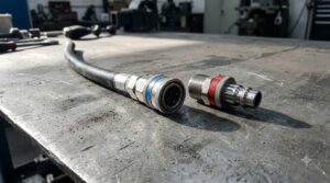 Uncoupled stainless steel quick disconnect plug and socket with blue and red rings on a grey steel bench
