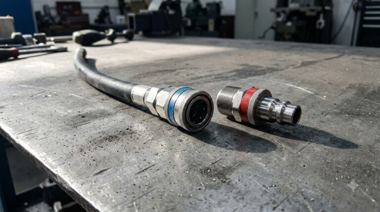 Uncoupled stainless steel quick disconnect plug and socket with blue and red rings on a grey steel bench