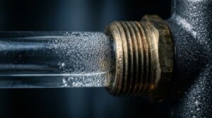 Overhead macro of a glass sight tube on a steel refrigerant fitting, with a thin band of vapor bubbles rising through the liquid