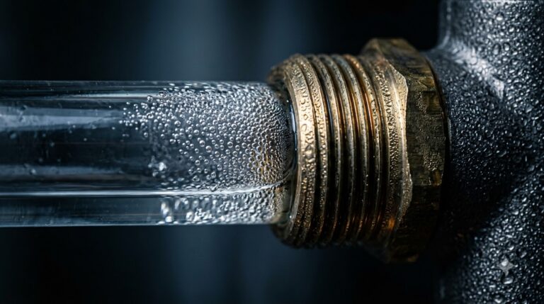 Overhead macro of a glass sight tube on a steel refrigerant fitting, with a thin band of vapor bubbles rising through the liquid